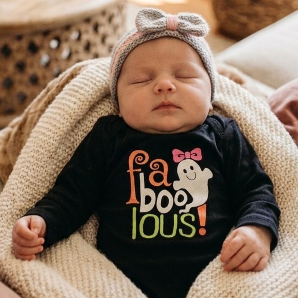Faboolous Ghost Halloween Bodysuit Girls NB Black Long Sleeve Newborn Baby